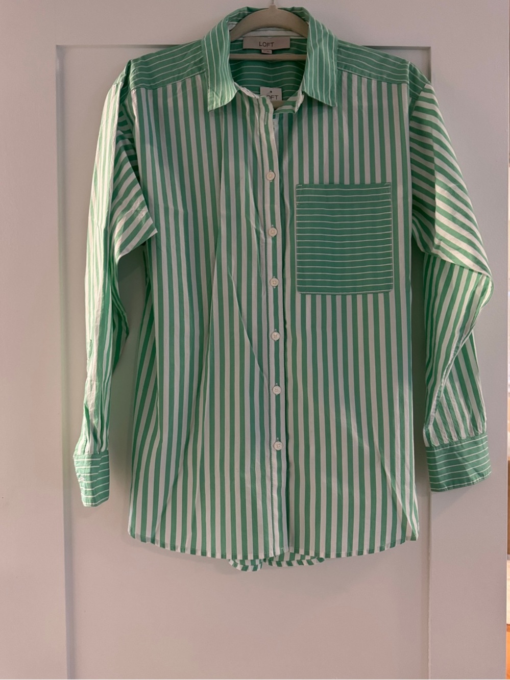 LOFT NWT Green and White Vertical Stripe Oversized Button-Down Shirt | Size Smal
